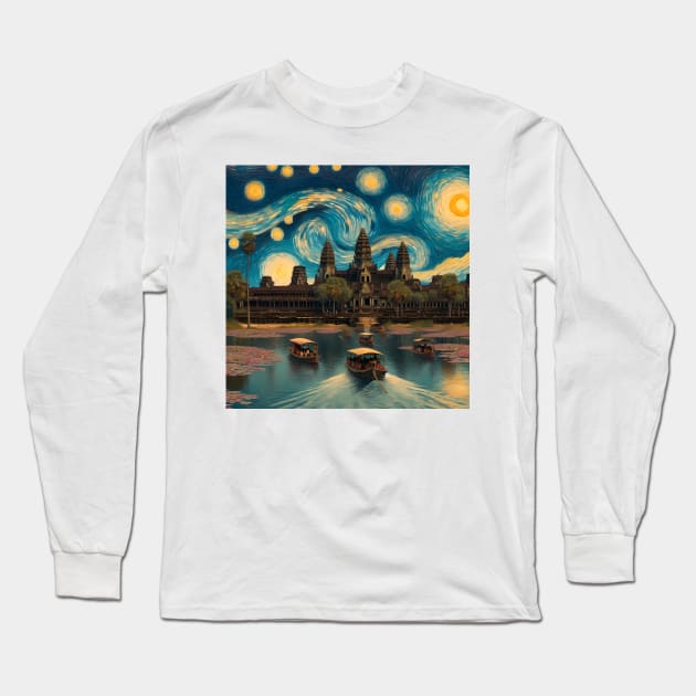 Angkor Wat, Cambodia, in the style of Vincent van Gogh's Starry Night Long Sleeve T-Shirt by CreativeSparkzz